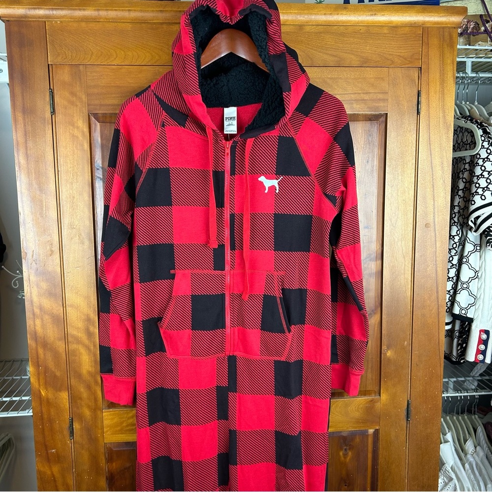 Victoria's Secret Pink Sherpa Hooded Long Jane One Piece Buffalo Plaid Pajamas